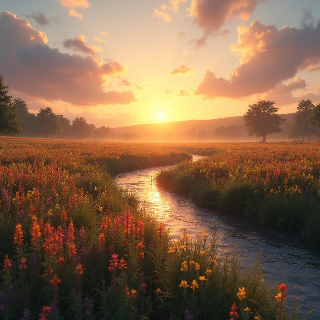 Sunset Over Wildflowers: Digital Matte Painting