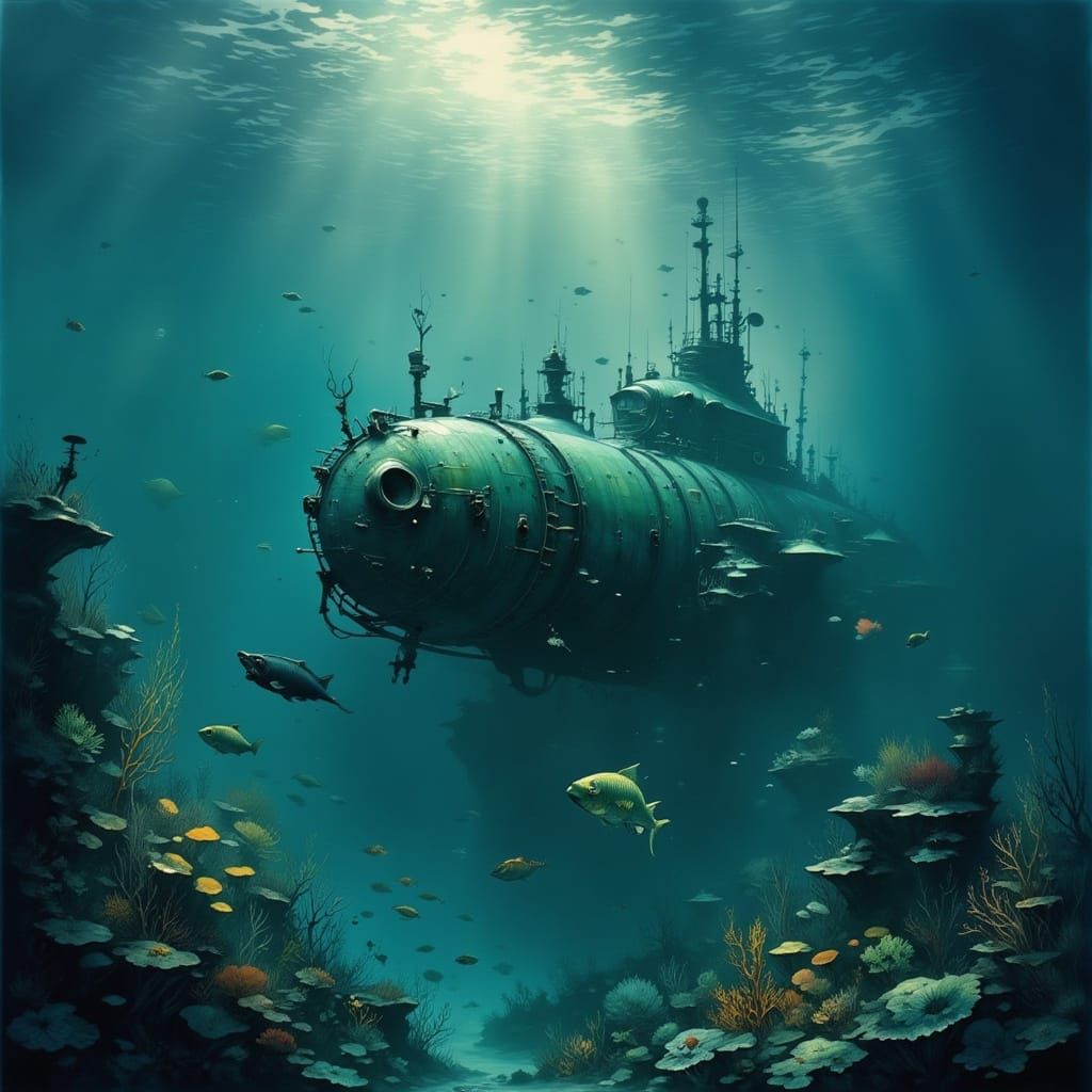 Steampunk Submarine with Captain Nemo Underwater