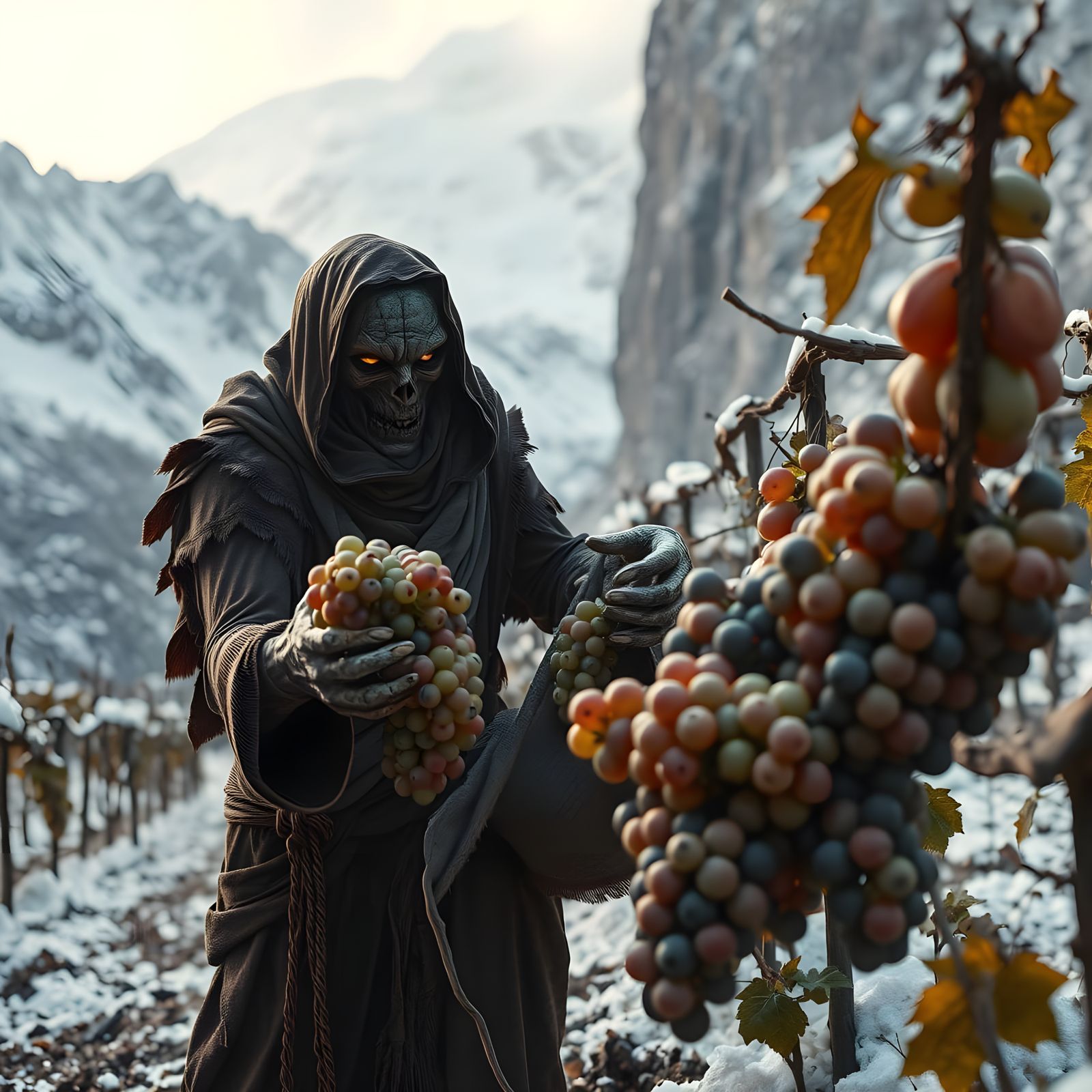 Gothic Golem Harvests Grapes in Icy Alpine Vineyard