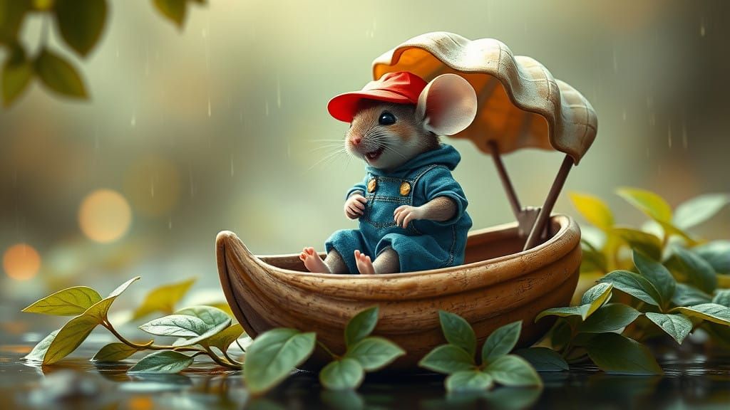 Whimsical Mouse Sails a Peanut Shell Boat on a Rainy Day