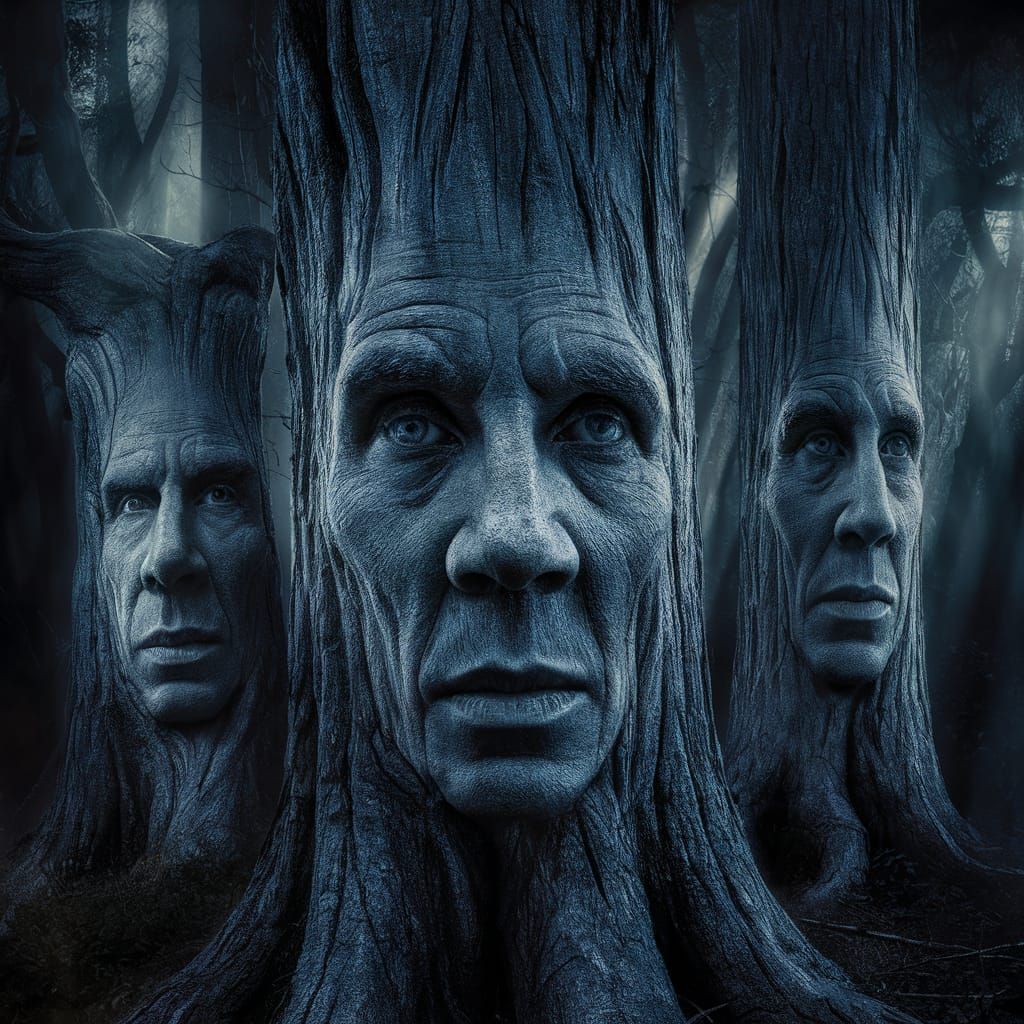 Eerie Forest with Faces in Trees: 4K Photo