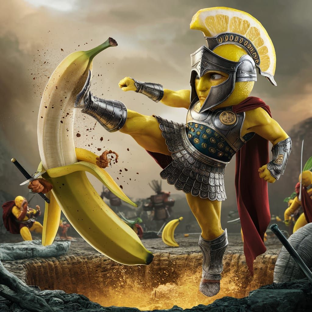 Anthropomorphic Lemon Spartan Kicks Banana: Comic Illustrati...