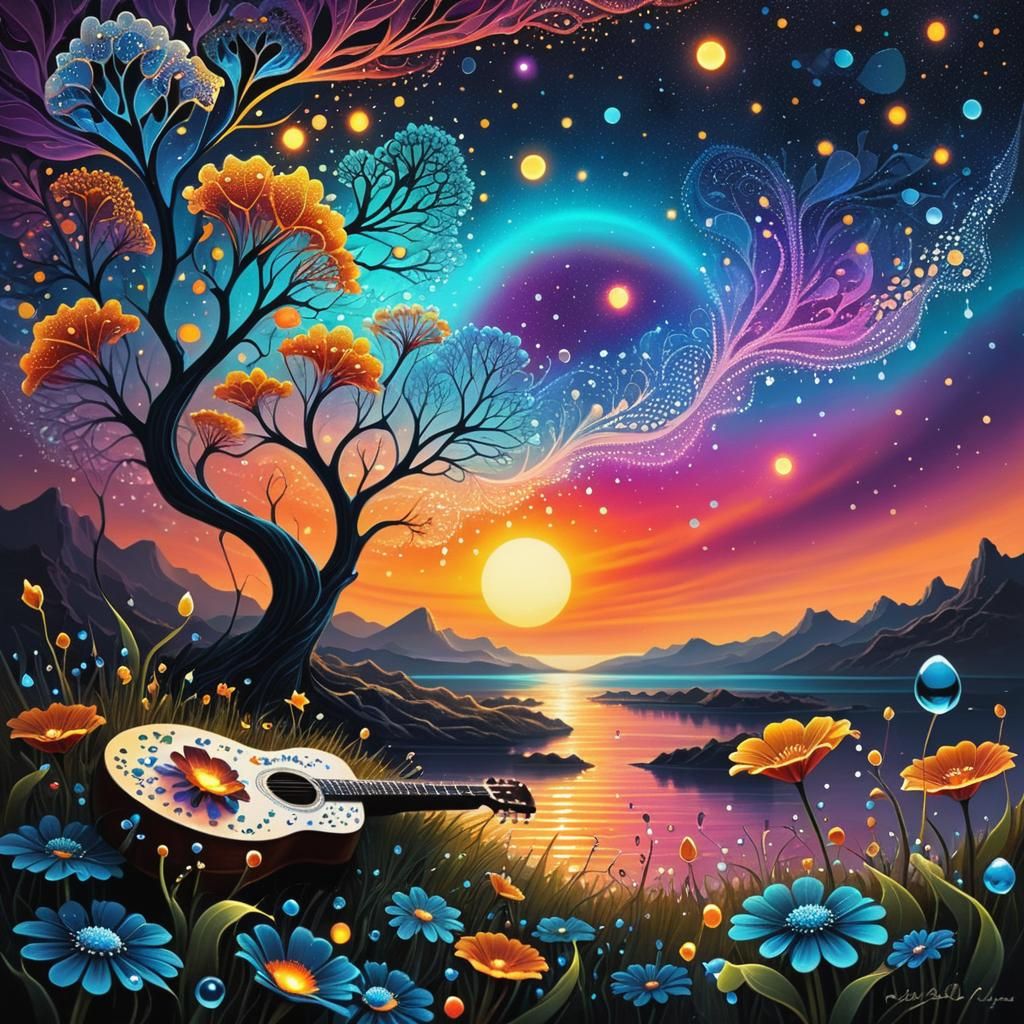 Luminous Sunset Scene with Bioluminescent Fractal Flowers