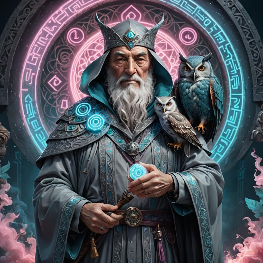 Old Mage with Owl in Neo-Retro Style