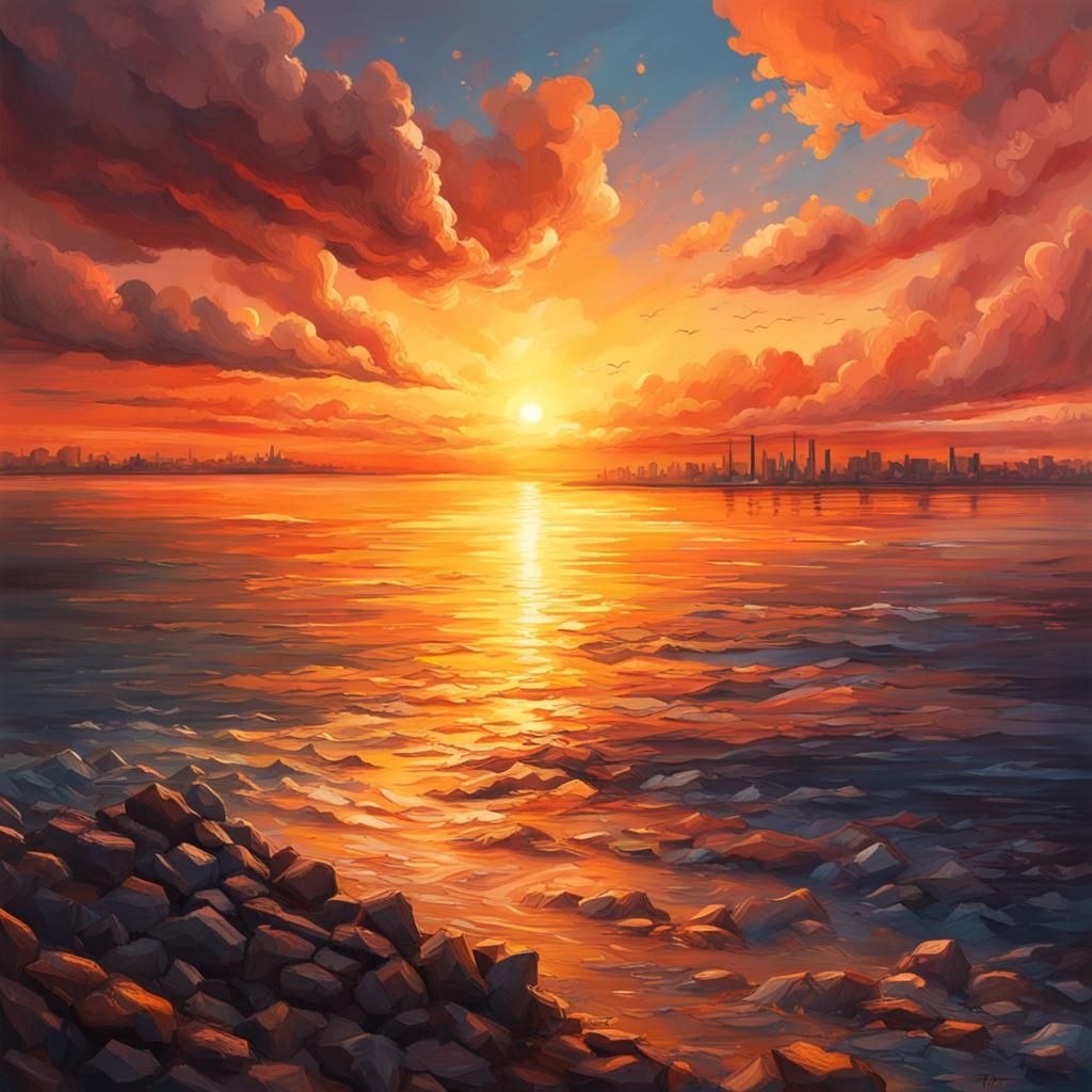 Hyperrealistic Sunset Over the Bay: Splash Art