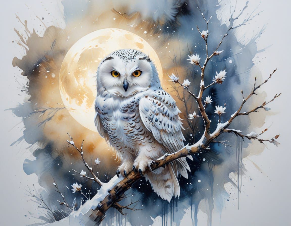 Snow Owl in Moonlit Winter Sky: Watercolour Art