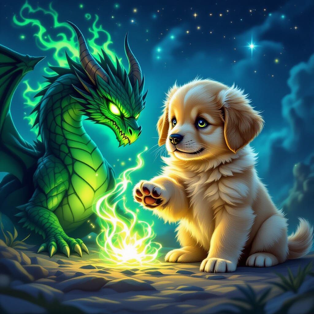 Magical Puppy Summons Shadow Dragon with Green Aura