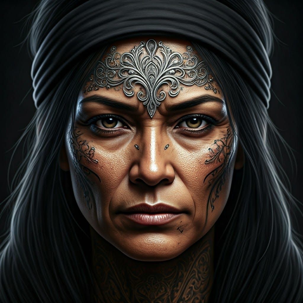 Tough Tribal Warrior Woman in Elegant Silver Mask