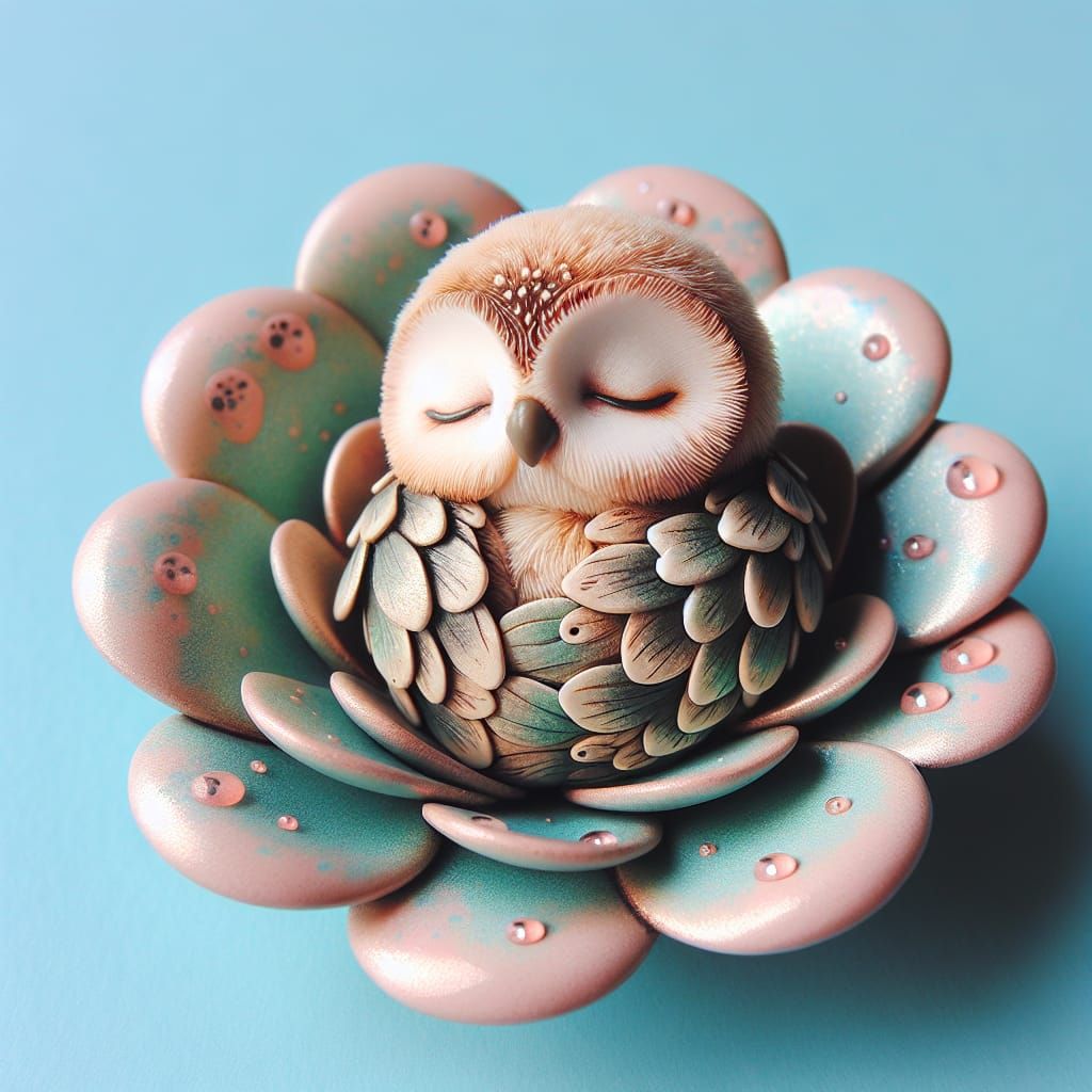Sleeping Floral Baby Owl in Pastel Metallic Flower