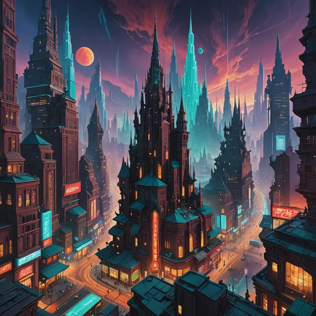 Celestial Vortex Over Iridescent Cyberpunk Metropolis