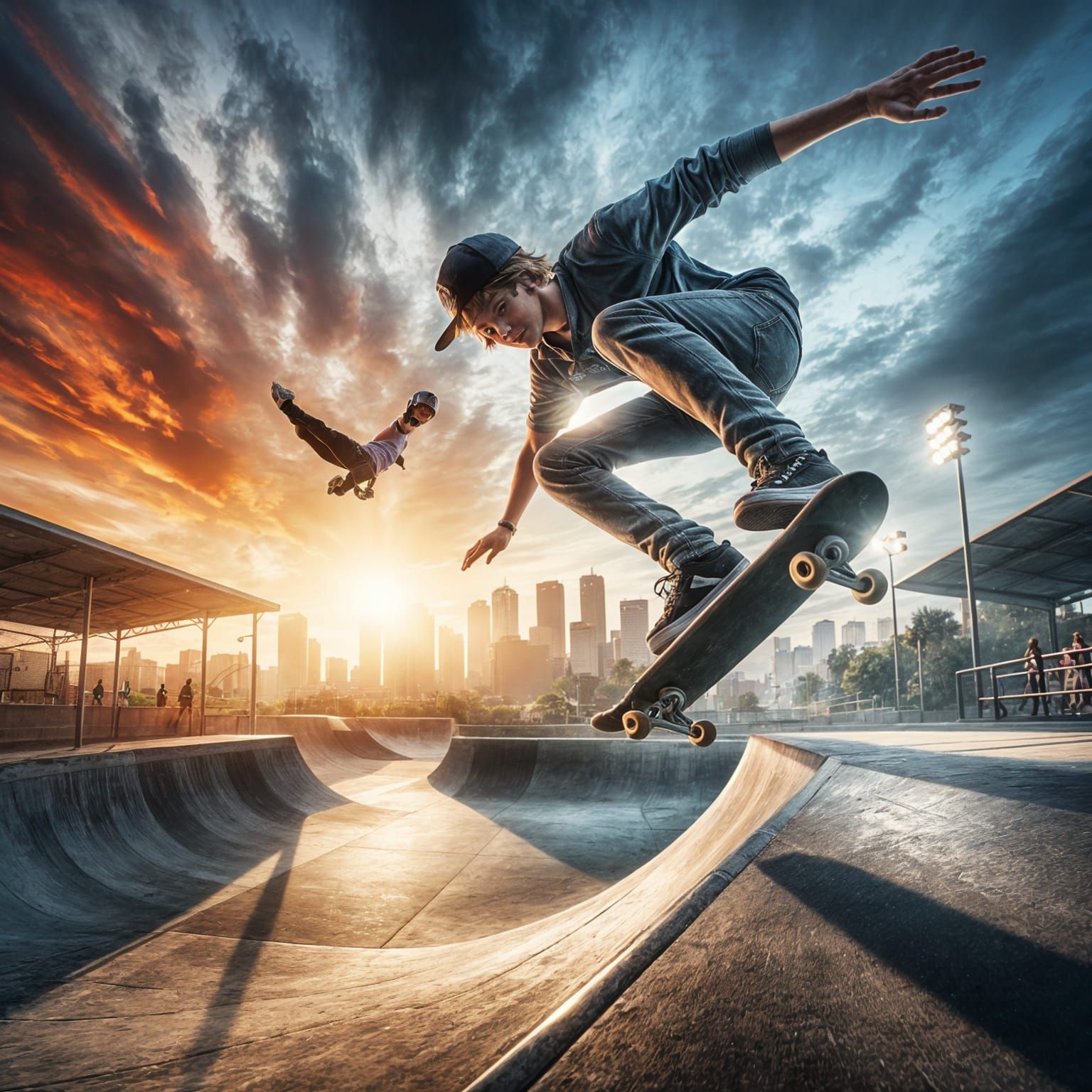 Teen Skateboarder at Sunset in Motion