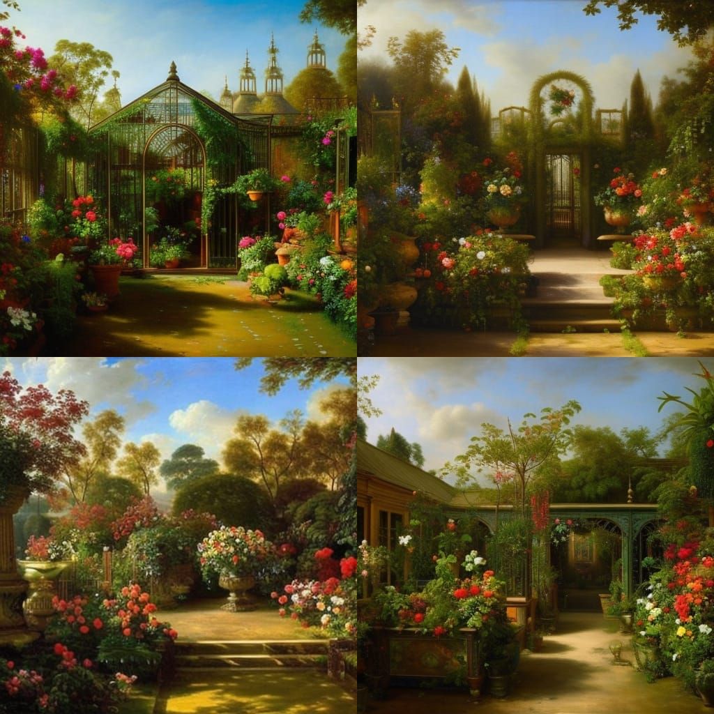 Victorian Greenhouse Garden in Baroque Oil Painting Style