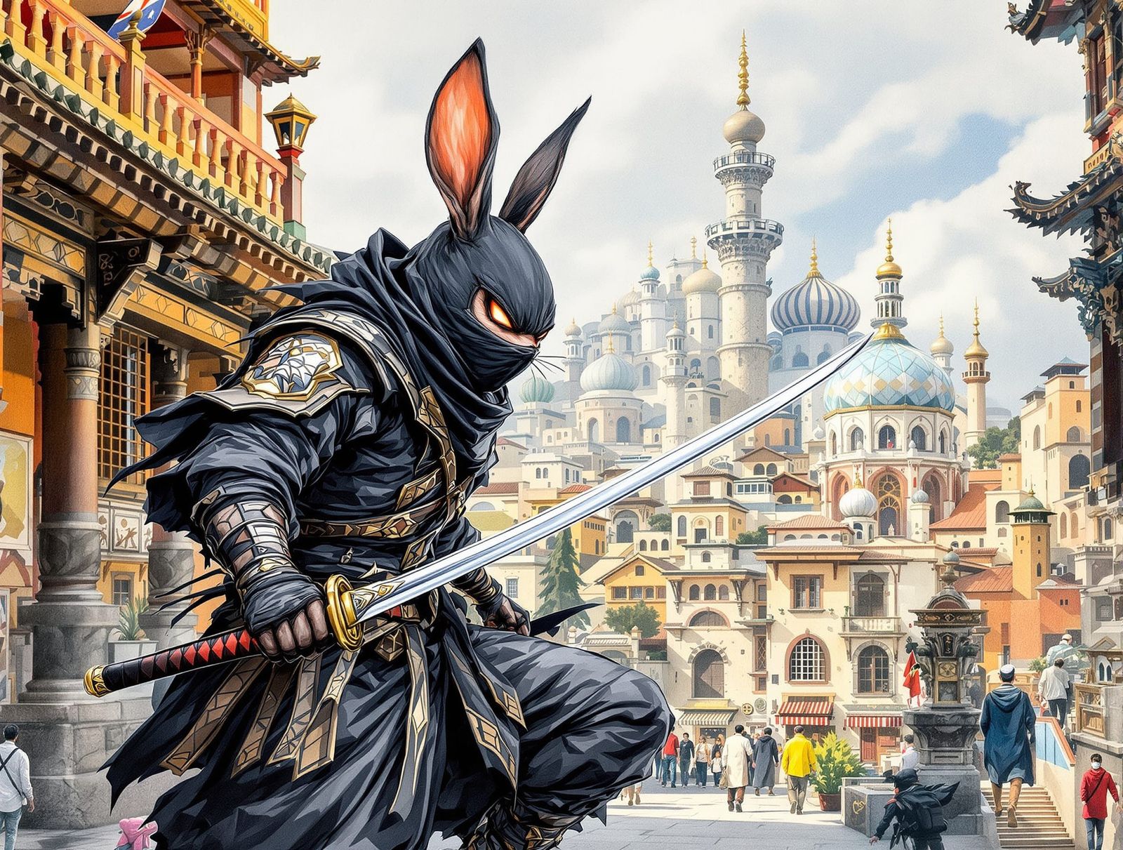 Ninja Rabbit in Ancient Tehran: Colored Pencil Sketch