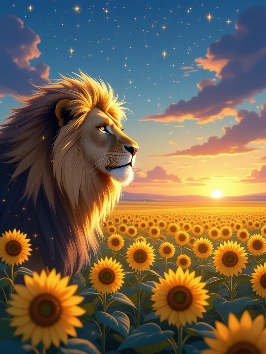 Majestic Lion Basks in Ethereal Twilight Among Glowing Sunfl...