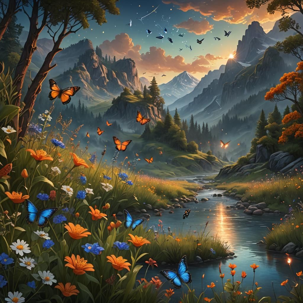 Lush Mountain River Landscape with Birds and Butterflies