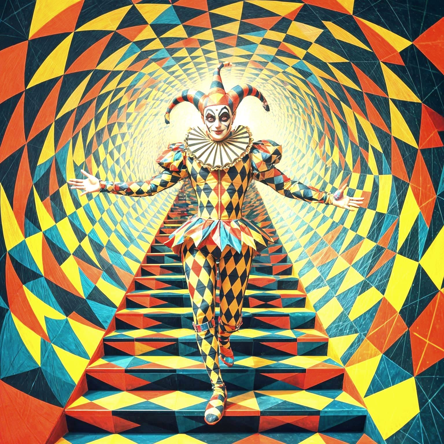 Harlequin in Impossible Staircase Tunnel, Commedia dell'Arte...