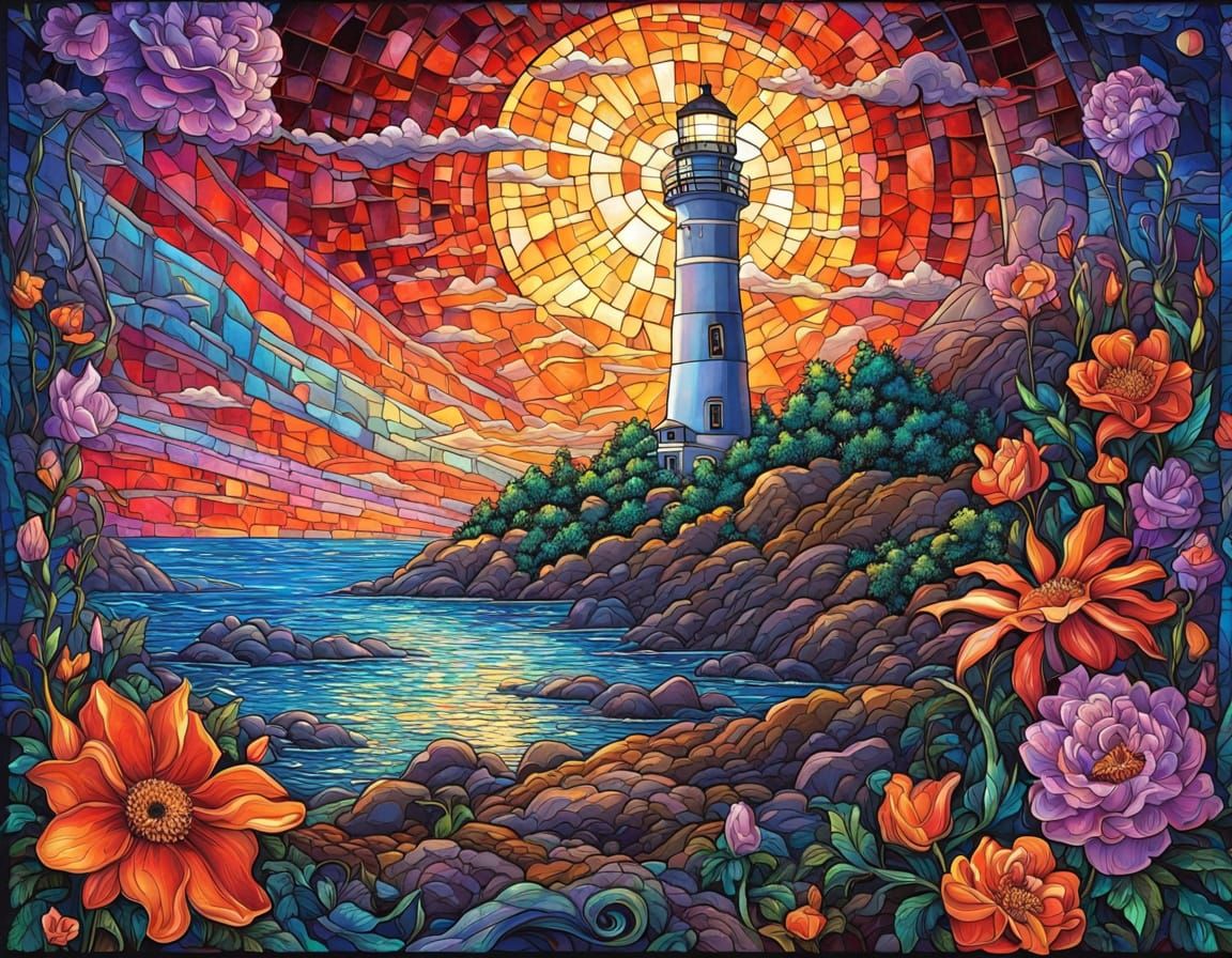 Magical Lighthouse in Stained Glass Style
