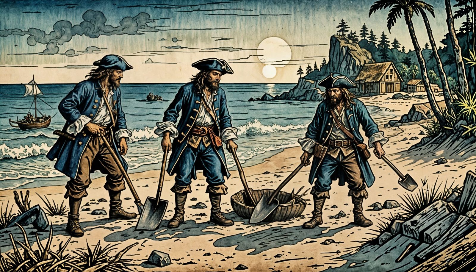Three Pirates Digging for Treasure on Deserted Island