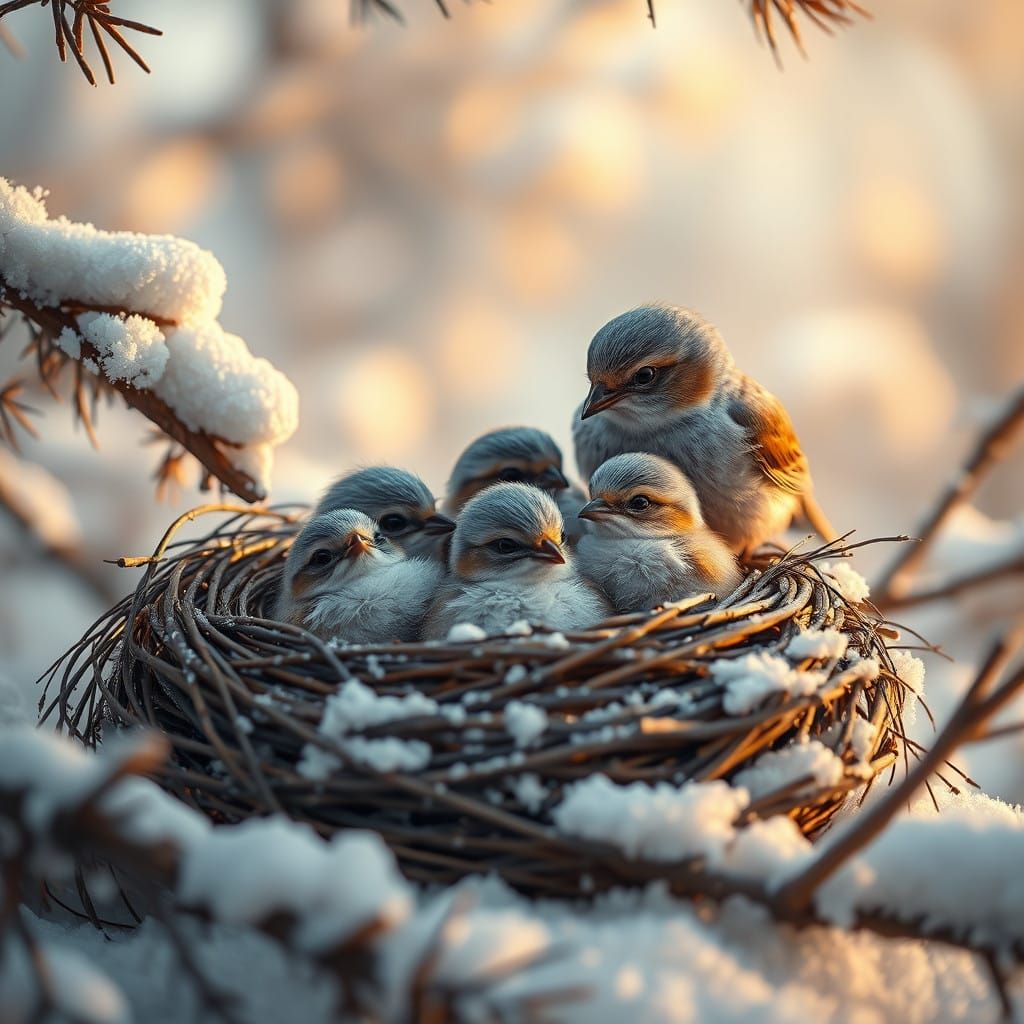Warm Winter Scene with Majestic Birds in a Snowy Landscape