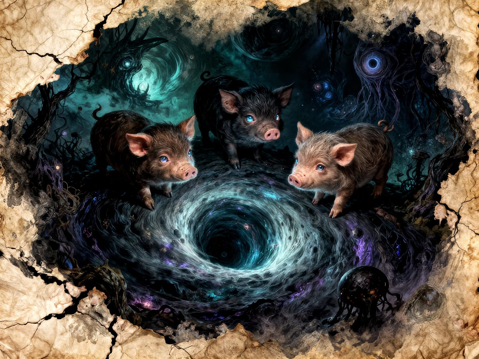 Cute Piglets Guarding a Cosmic Portal