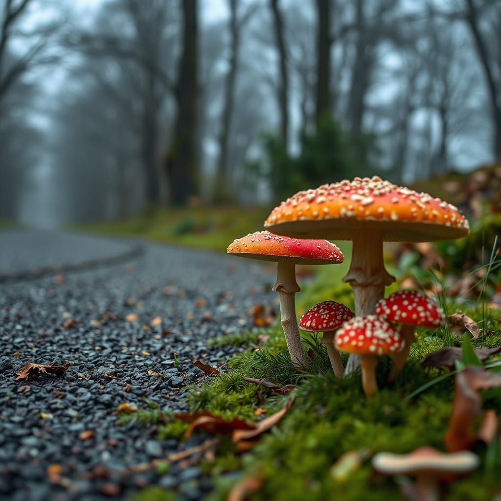 Whimsical Toadstools Line a Dreamy Road