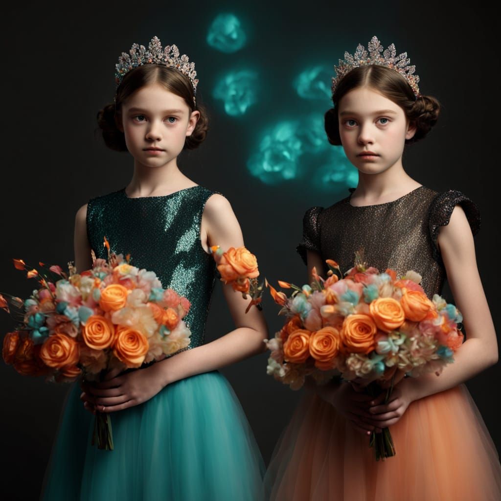 Girls in Glowing Glass Outfits on Stage with Fiery Bouquets