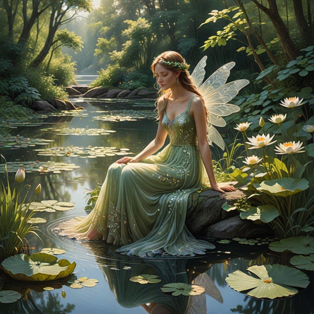 Lake Fairy in Dreamlike Water Lily Setting