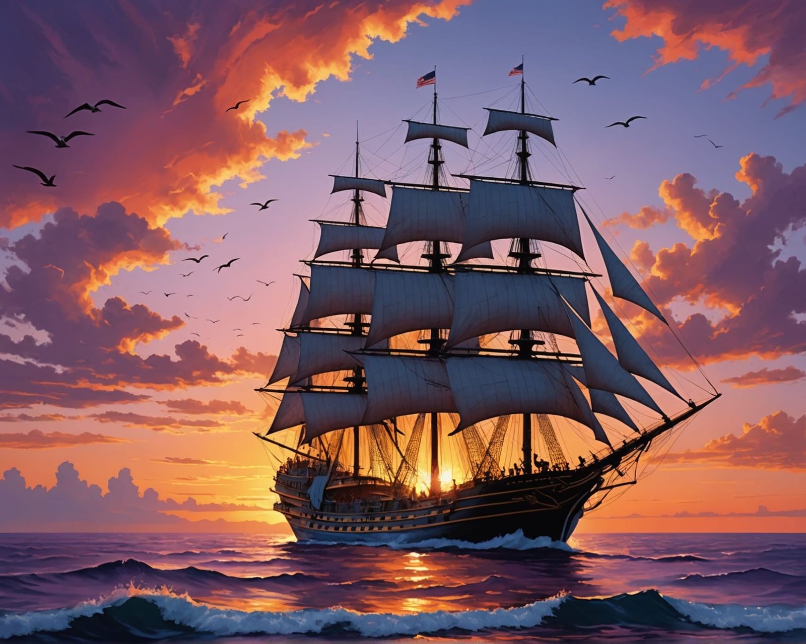 Majestic Tall Ship at Sunset on the High Seas