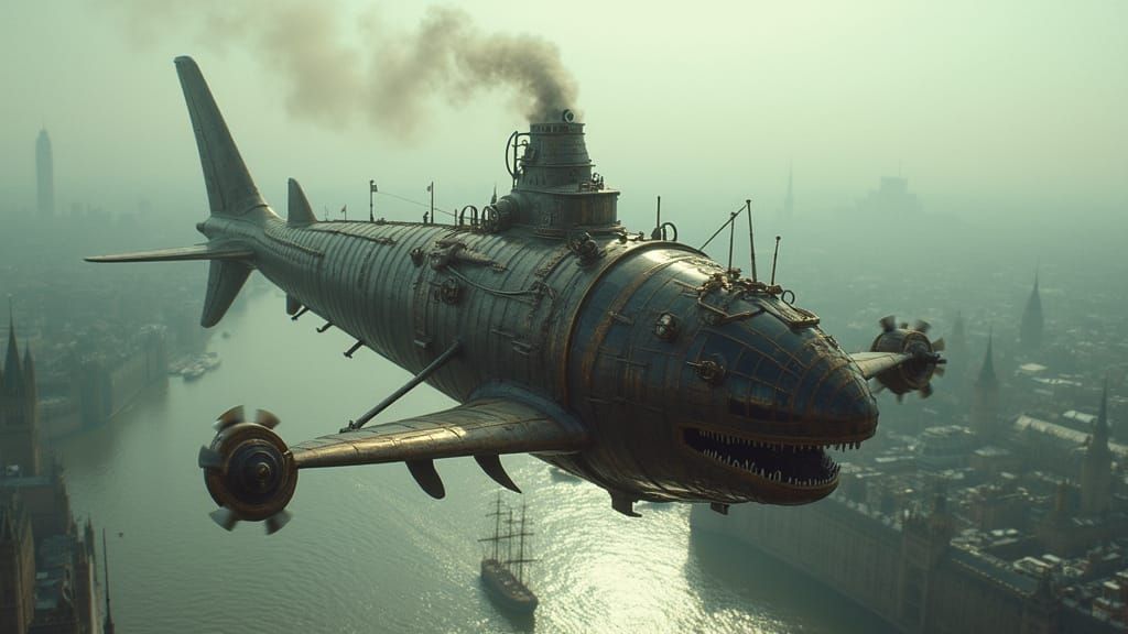 Steampunk Shark Aircraft Soars Over Victorian London