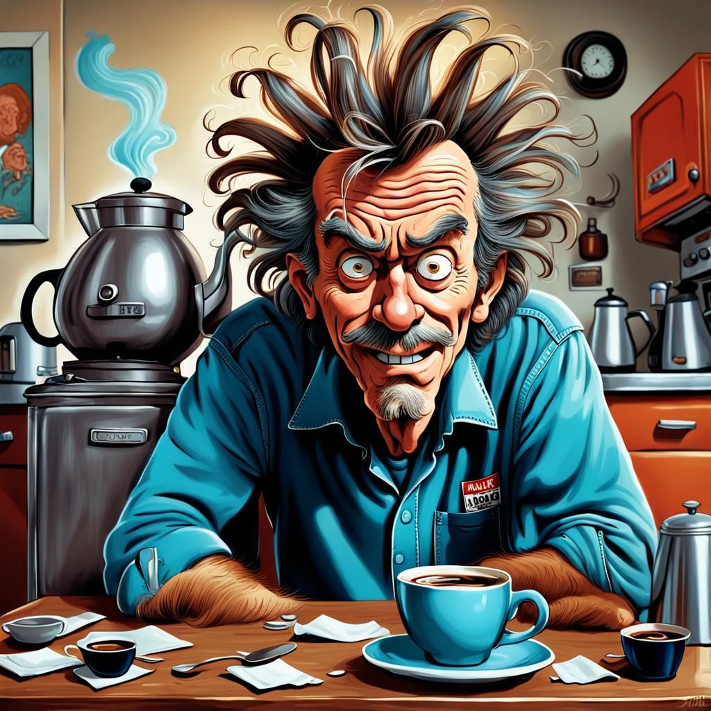 A caricature of a young  man with crazy messy hair and sleepy eyes leans against a table in front of a coffee pot