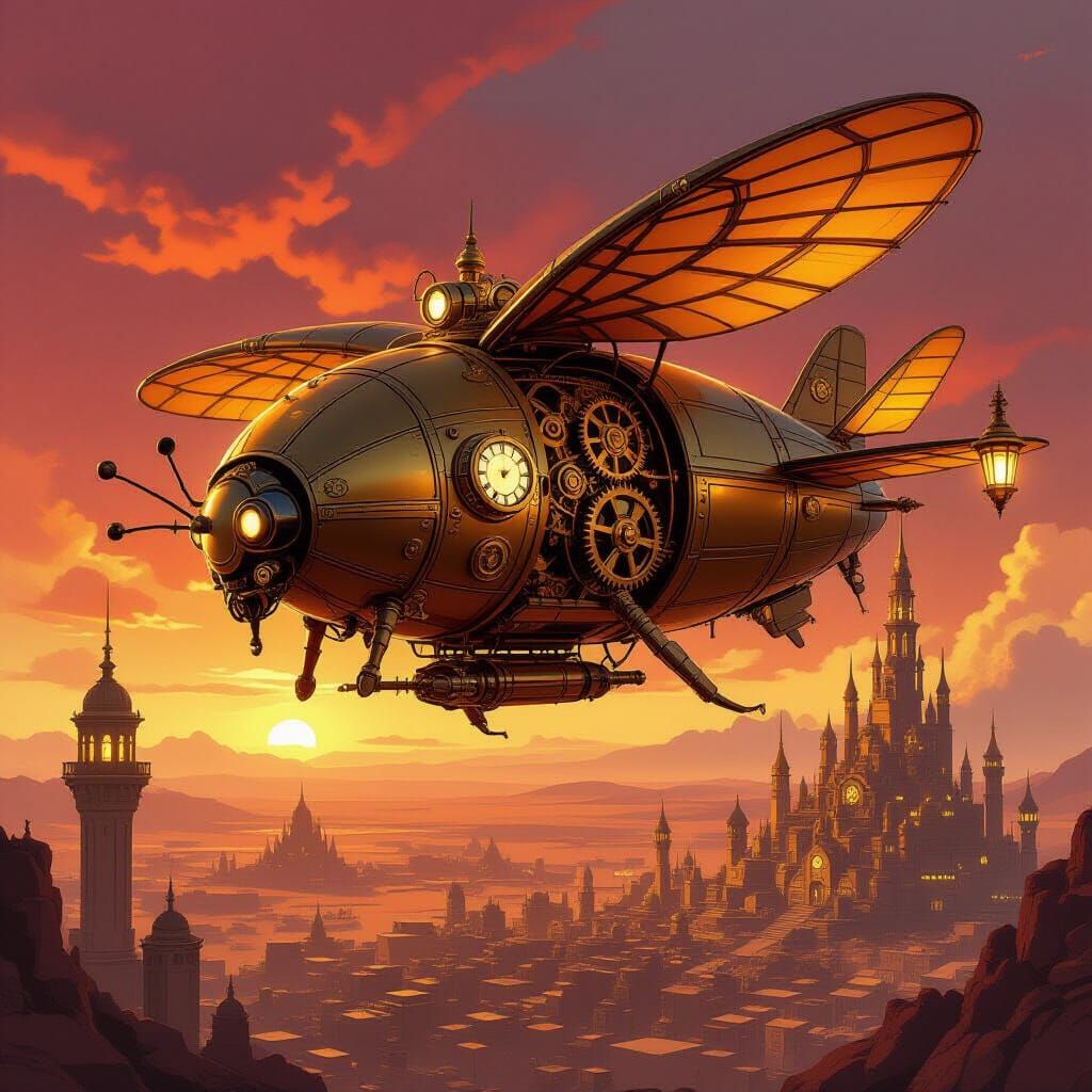 Steampunk Beetle Airship Over Desert City