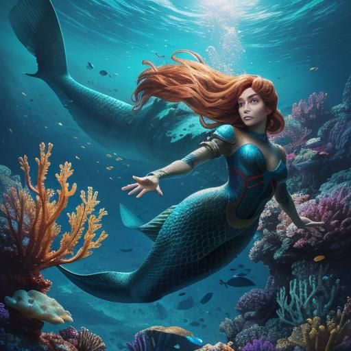 Mermaid in Underwater Atlantis Ruins, Digital Art