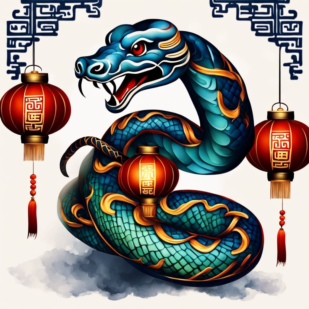 Majestic Snake Adorns Lantern in Golden Alleyway