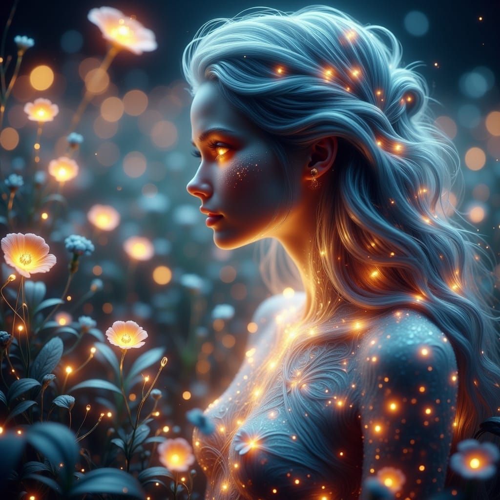 Ethereal Woman in Bioluminescent Field: Digital Art