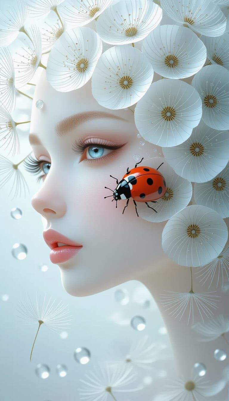 Dandelion Goddess With Ladybug In Realistic Botanical Art