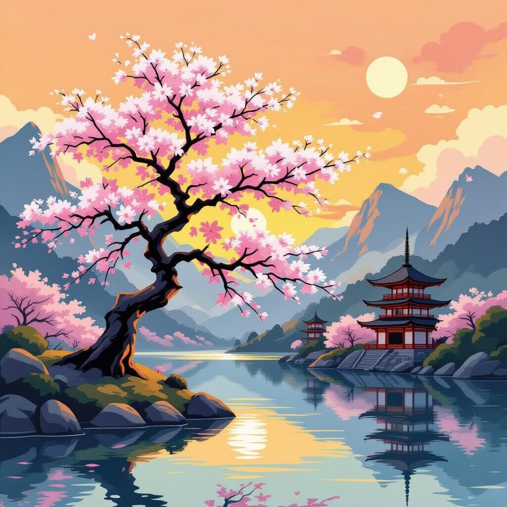 Sakura Tree by Lake with Japanese Temples