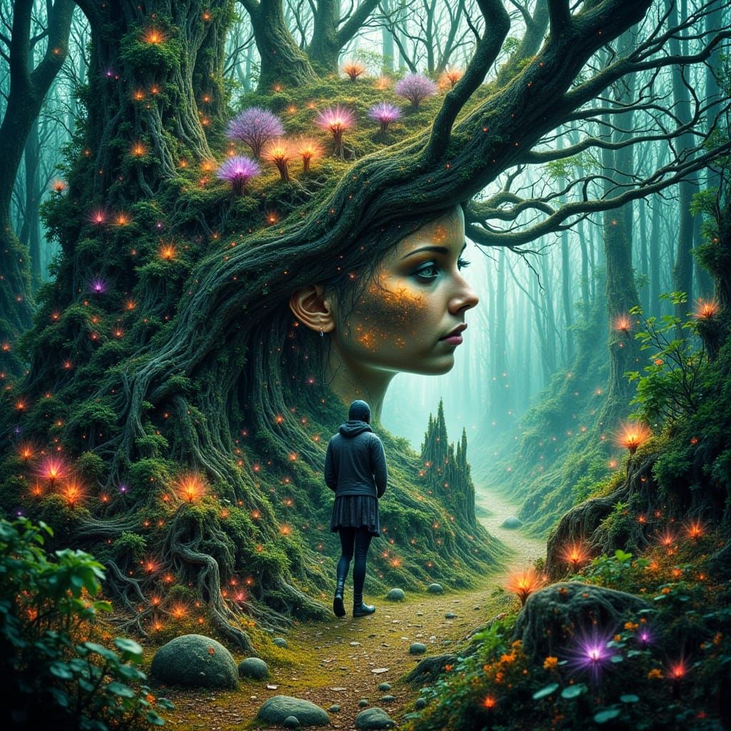 Fae Woman in Abstract Double Exposure Forest
