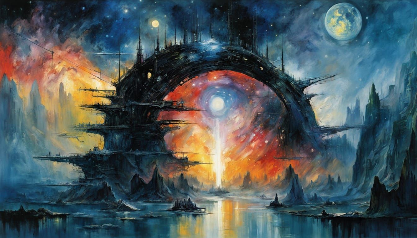 Stellar Panorama in Vibrant Watercolor Palette Knife Style