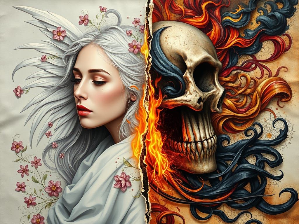Dual Portrait: Angelic Serenity Meets Sinister Darkness