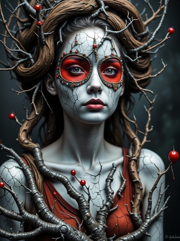 Porcelain Girl with Tree Roots: Surreal Portrait