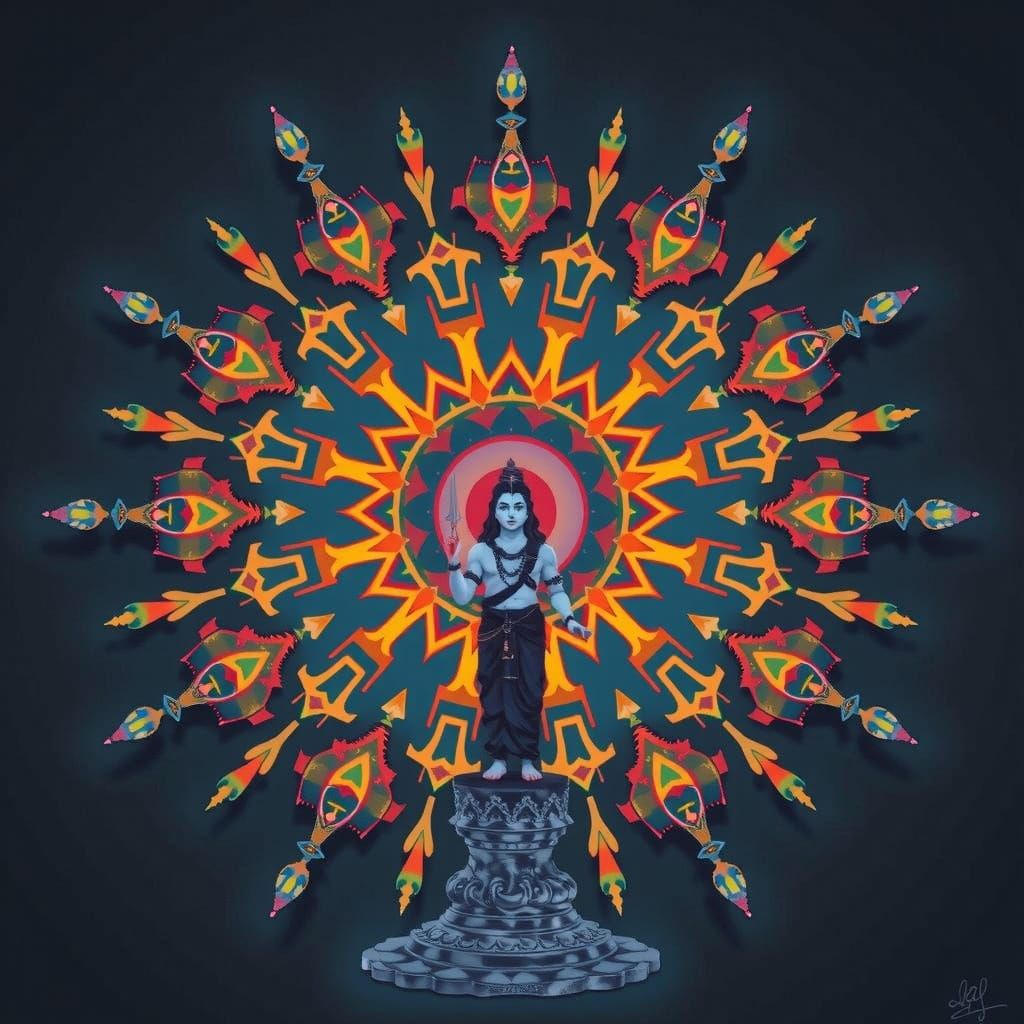 Shiva  Baba stands arms and head raised to the sky geometirc...