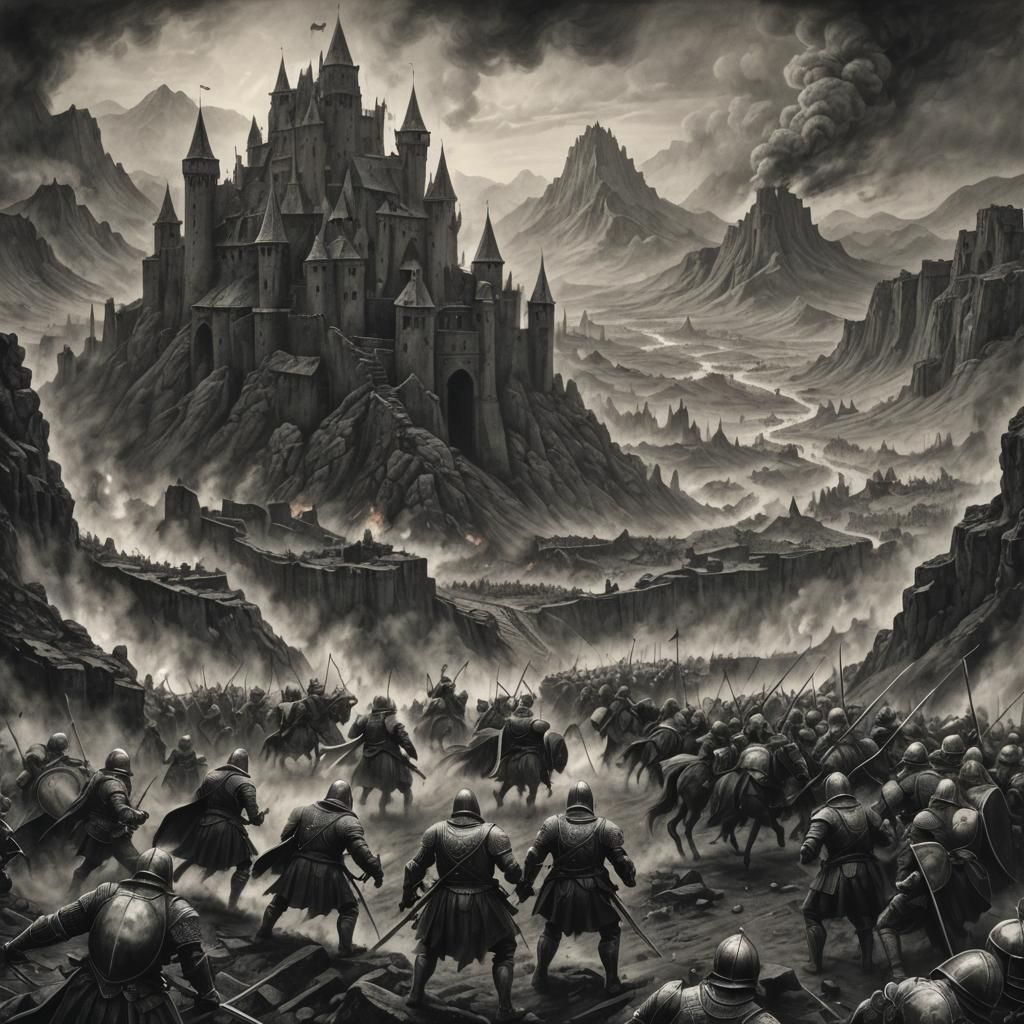 Epic Medieval Battle in Gritty Charcoal Style