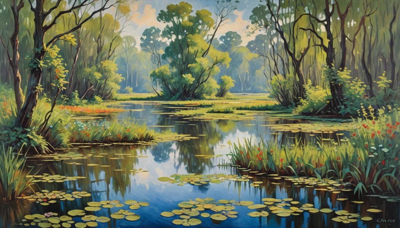 Swamp Journey: Semi-Abstract Oil Painting in Hesse Style