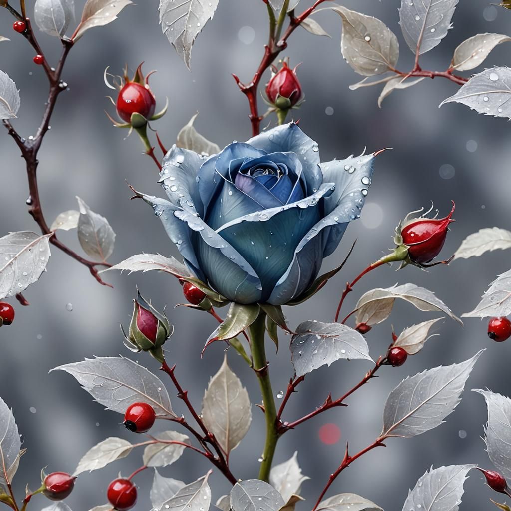 Blue Rosebud with Feathers: Impressionistic Digital Art