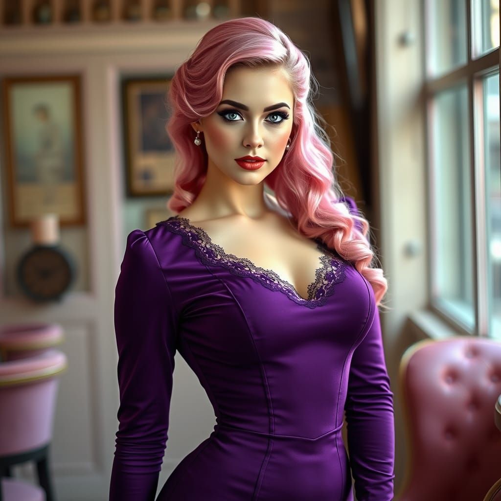 Elegant Pin-Up Girl in Violet Corset Dress