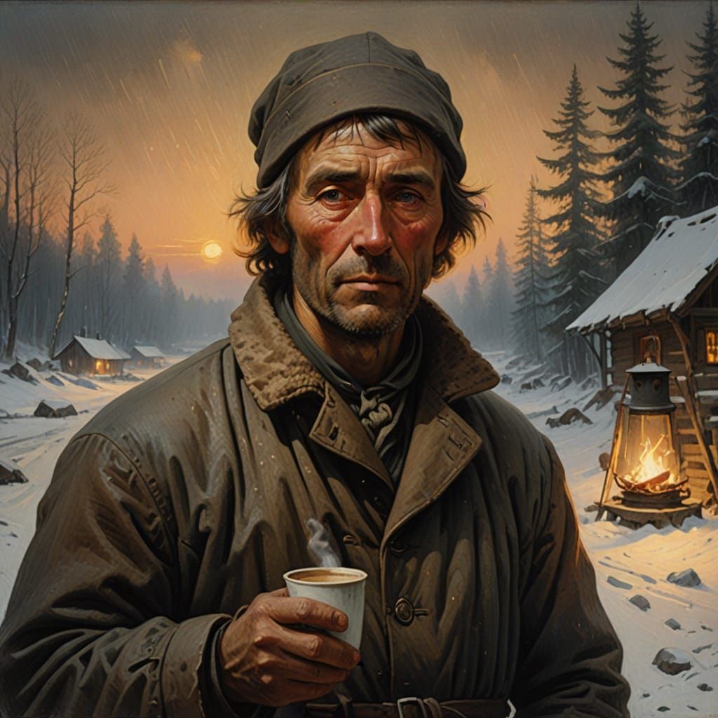Trapper in Snowy Wilderness, Romantic Oil Painting