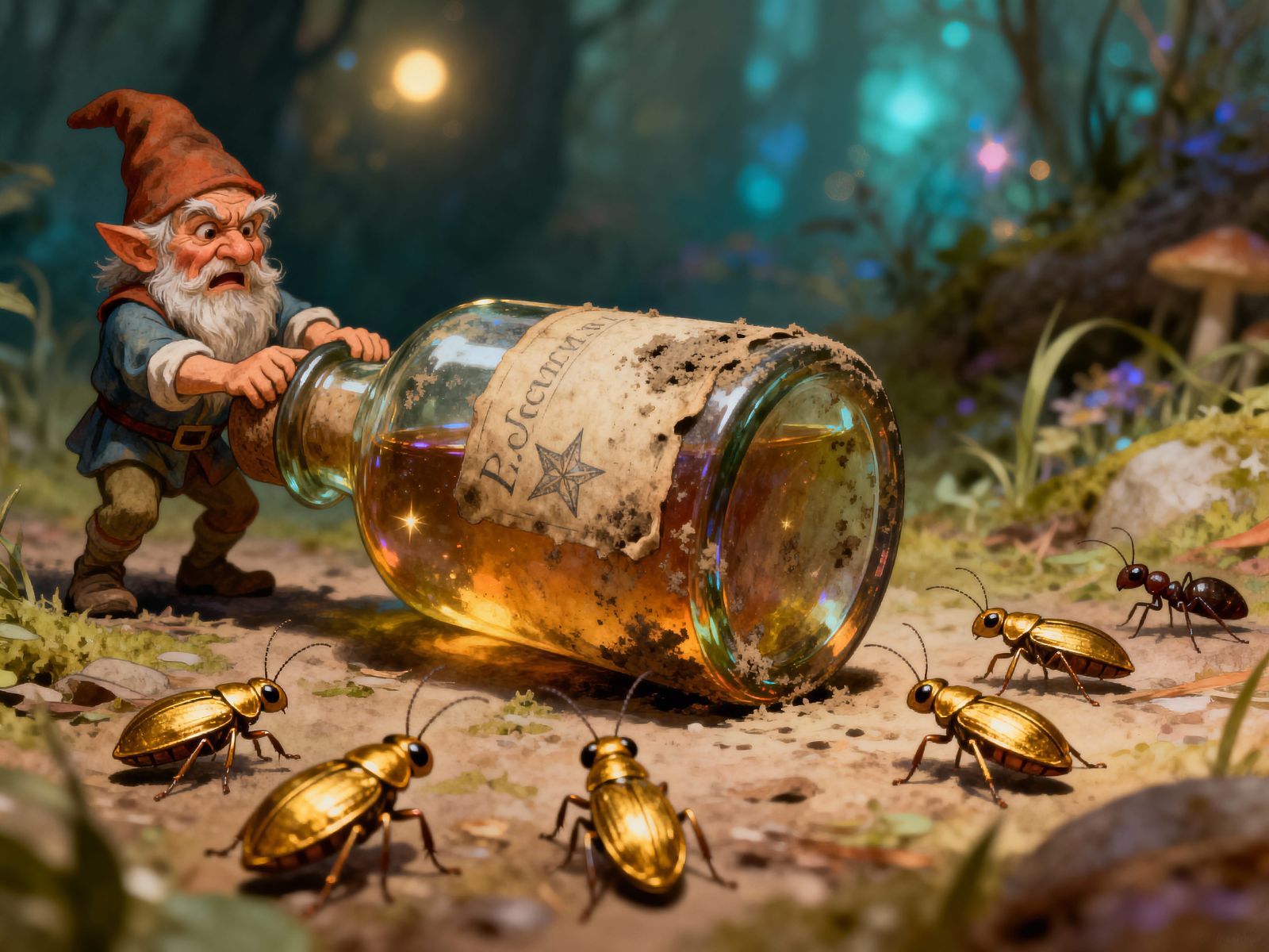 Gnome Struggles to Move Giant Potion Vial in Fairytale Illus...