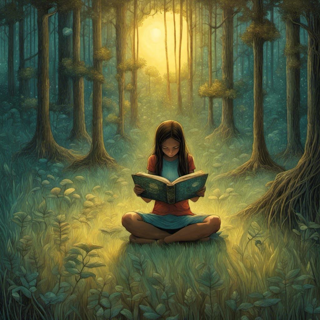 Girl Reading in Dreamy Forest, Comic Book Art