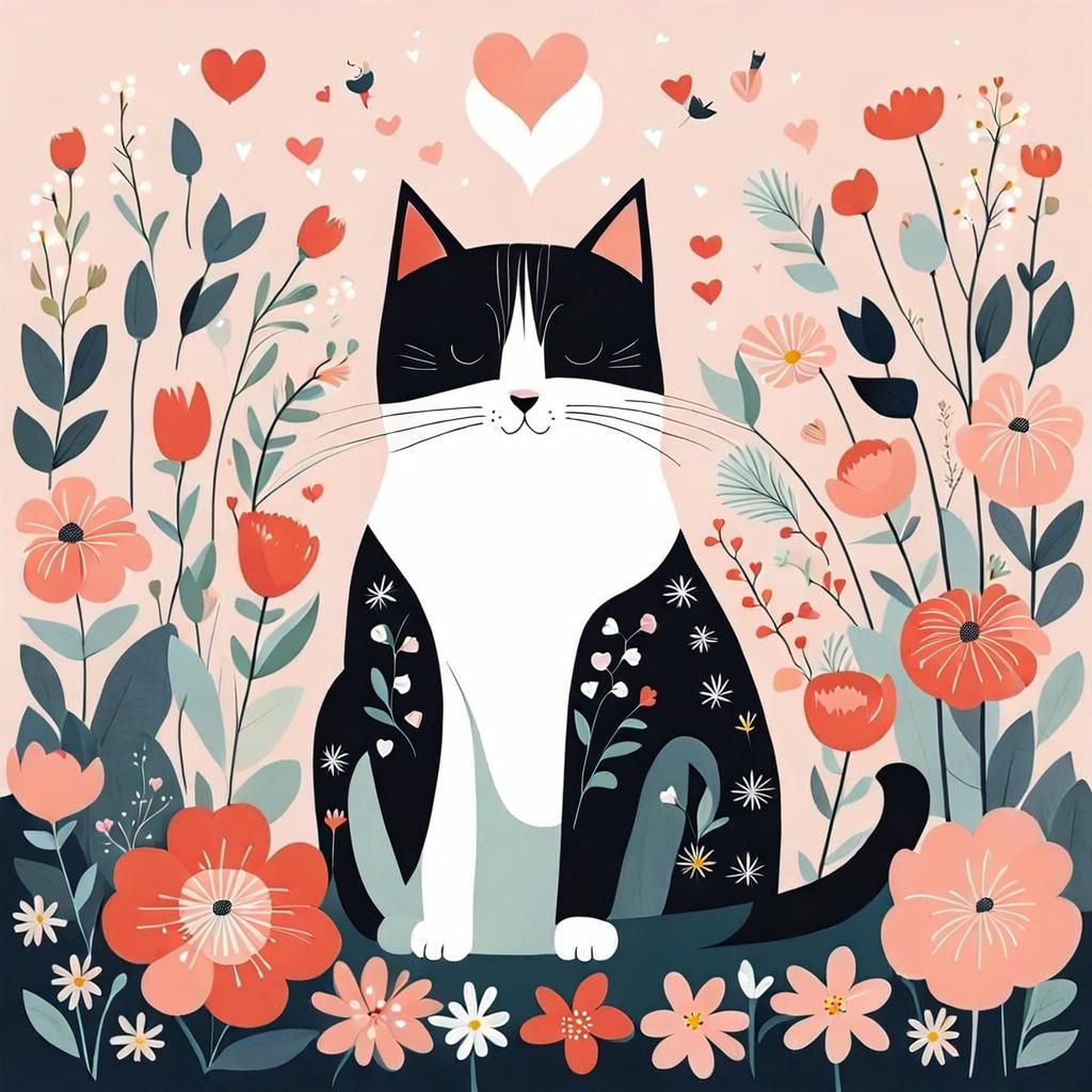 Cute Cat Surrounded by Flowers in Whimsical Art Style