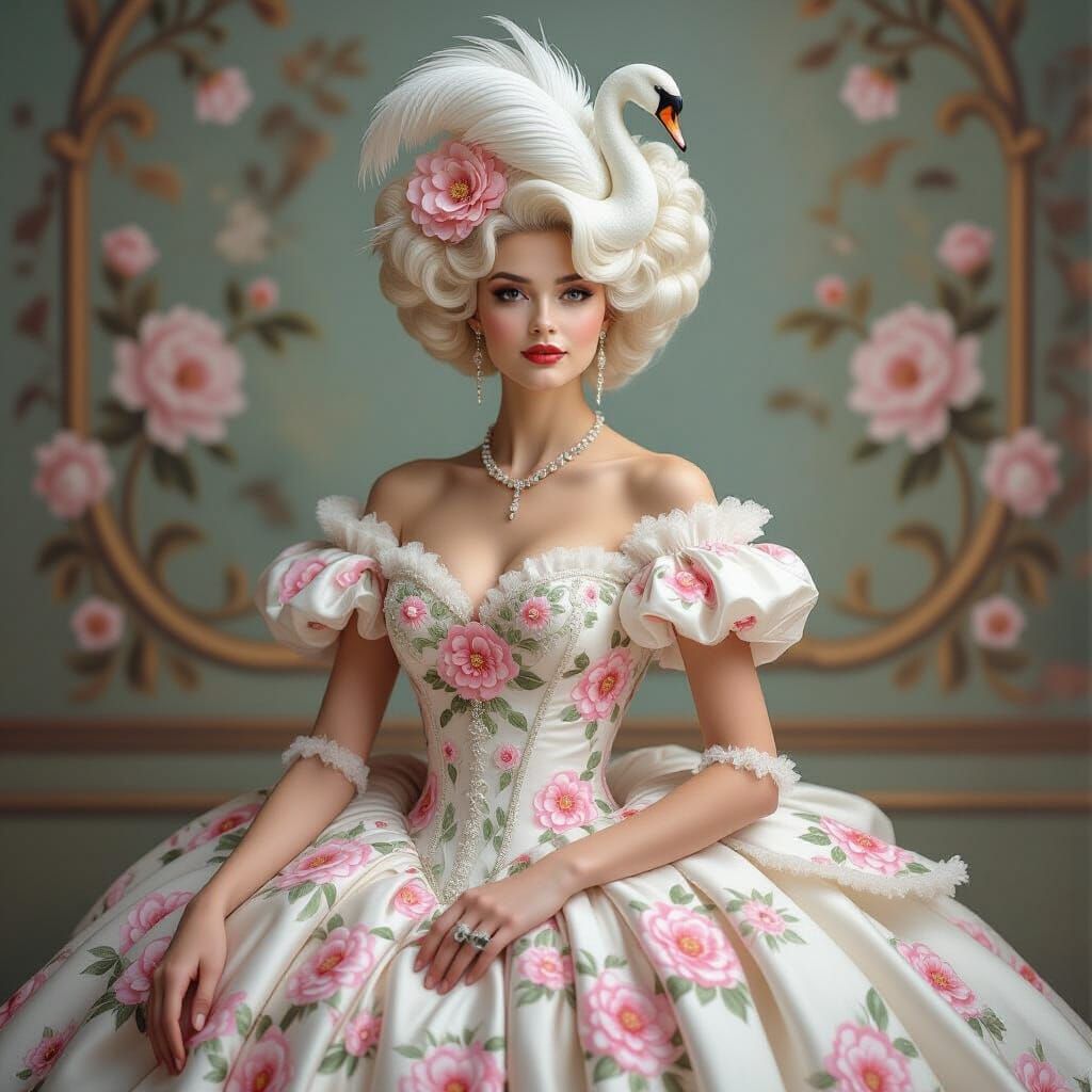 Elegant Woman in Floral Ballgown, Rococo Art Nouveau Style